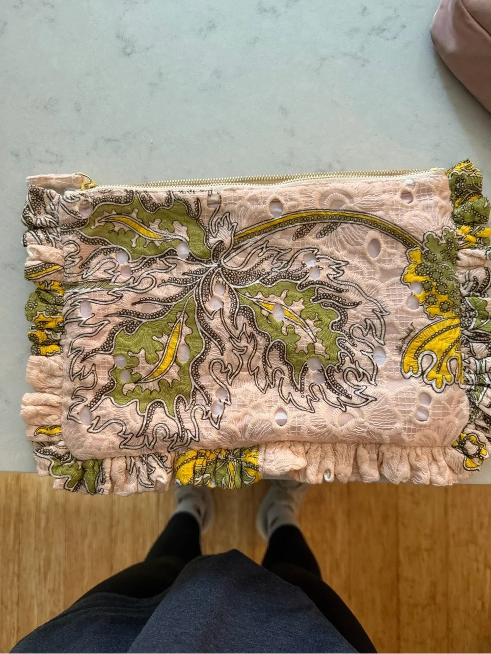 LA DoubleJ Pink and Yellow Floral Ruffle Clutch